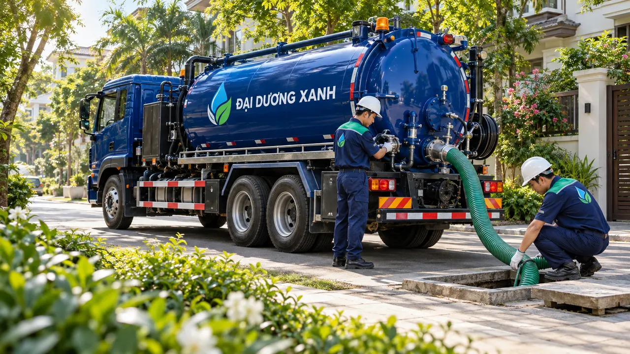 Xe hút chuyên dụng màu xanh và kỹ thuật viên đang kiểm tra đường ống tại khu dân cư